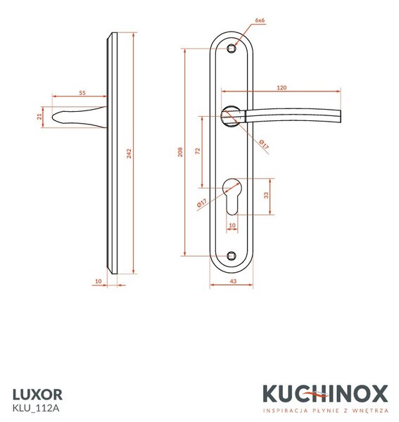 Kuchinox Luxor, kilincs hosszú szerelvényen cilinderbetéthez, tengelytávolság 72 mm, szatén, LAV-KLU_112A