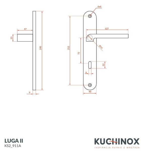 Kuchinox Luga, kilincs hosszú szerelvényen kulccsal, matt fekete, LAV-KS2_911A