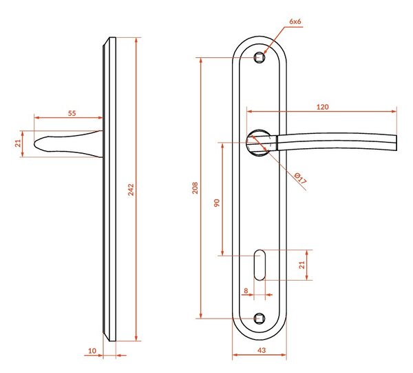 Kuchinox Luxor, ajtókilincs hosszú szerelvényen belső kulcshoz, 90 mm-es távolsággal, szatén, LAV-KLU_116A