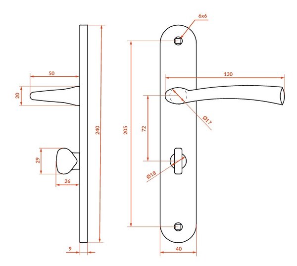 Kuchinox Malta, kilincs hosszú szerelvényen WC-zárral, tengelytávolság 72 mm, szatén, LAV-KLM_3M3A