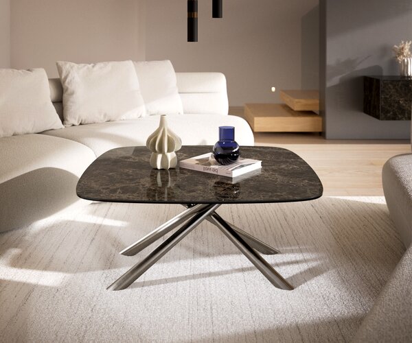 DELIFE Dohányzóasztal Edge hajóformájú 90x90 cm Laminam® Emperador kerámia extra polírozott sötétbarna Sarity rozsdamentes acél szálcsiszolt