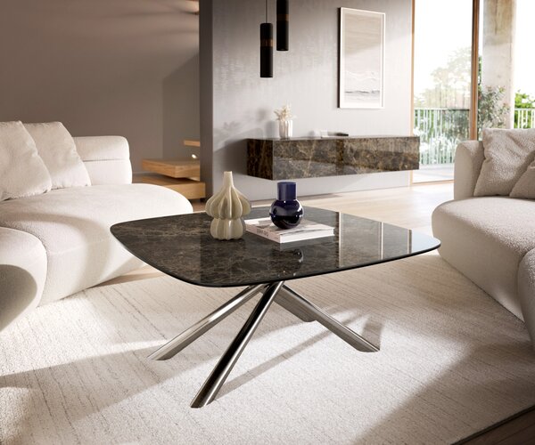 DELIFE Dohányzóasztal Edge hajóformájú 90x90 cm Laminam® Emperador kerámia extra polírozott sötétbarna Sarity rozsdamentes acél szálcsiszolt