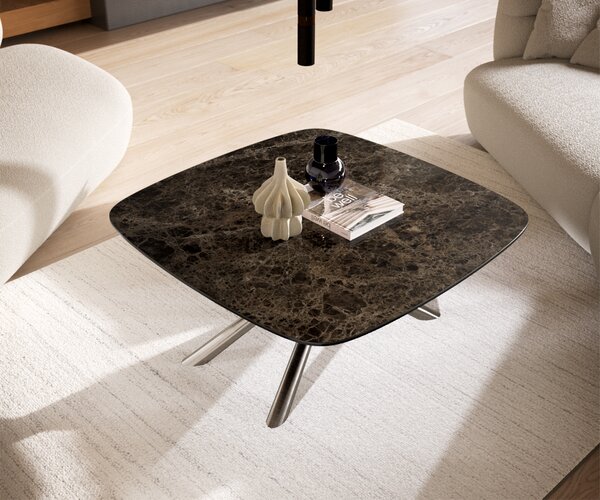 DELIFE Dohányzóasztal Edge hajóformájú 90x90 cm Laminam® Emperador kerámia extra polírozott sötétbarna Sarity rozsdamentes acél szálcsiszolt