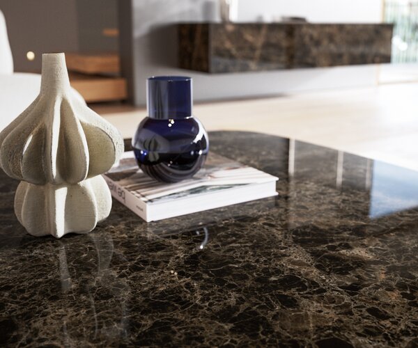 DELIFE Dohányzóasztal Edge hajóformájú 90x90 cm Laminam® Emperador kerámia extra polírozott sötétbarna Sarity rozsdamentes acél szálcsiszolt