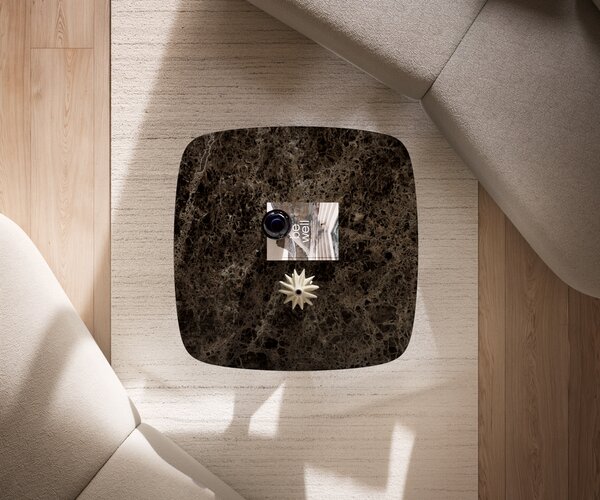 DELIFE Dohányzóasztal Edge hajóformájú 90x90 cm Laminam® Emperador kerámia extra polírozott sötétbarna Sarity rozsdamentes acél szálcsiszolt