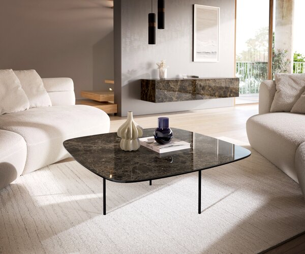 DELIFE Dohányzóasztal Edge hajóformájú 90x90 cm Laminam® Emperador kerámia extra fényes sötétbarna Trive fém fekete
