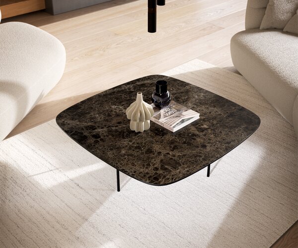 DELIFE Dohányzóasztal Edge hajóformájú 90x90 cm Laminam® Emperador kerámia extra fényes sötétbarna Trive fém fekete