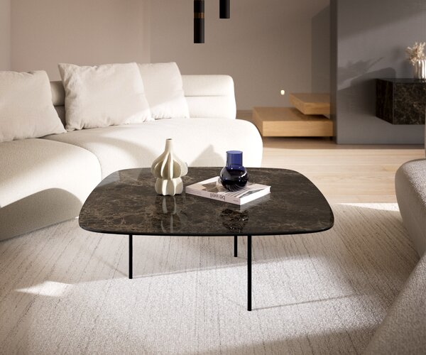 DELIFE Dohányzóasztal Edge hajóformájú 90x90 cm Laminam® Emperador kerámia extra fényes sötétbarna Trive fém fekete