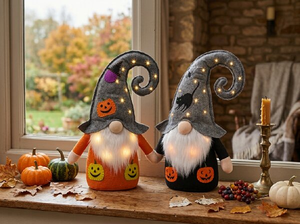 Dekoratív törp HALLOWEEN GNOME LED világítással, 40 cm - különböző színek Termék színe: Fekete