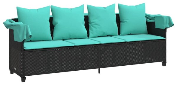 Fekete polyrattan napozóágy tetővel és párnával