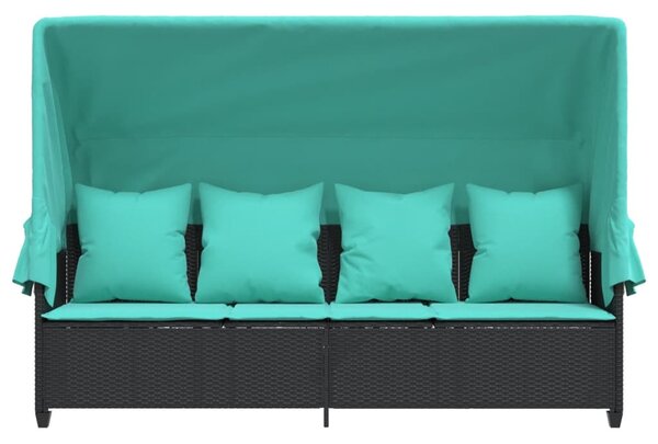 Fekete polyrattan napozóágy tetővel és párnával