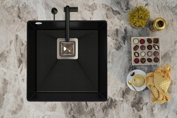 SINK Quality Mosogató Minőségi Argon 50, konyhai gránit mosogató 420x420x225 mm + króm szifon, fehér, SKQ-ARG.W.1KBO.50.X