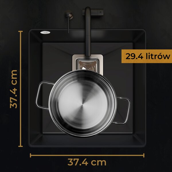 SINK Quality Mosogató Minőségi Argon 50, konyhai gránit mosogató 420x420x225 mm + króm szifon, fekete foltos-Brocade, SKQ-ARG.B.1KBO.50.X