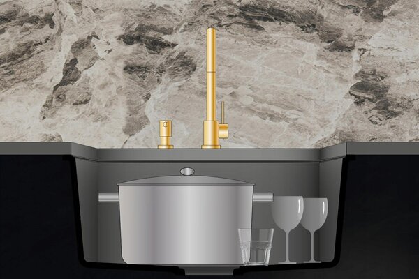 SINK Quality Mosogató Minőségi Argon 50, konyhai gránit mosogató 420x420x225 mm + króm szifon, fekete foltos-Brocade, SKQ-ARG.B.1KBO.50.X