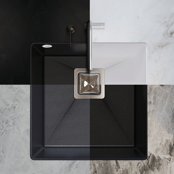 SINK Quality Mosogató Minőségi Argon 50, konyhai gránit mosogató 420x420x225 mm + króm szifon, fekete foltos-Brocade, SKQ-ARG.B.1KBO.50.X