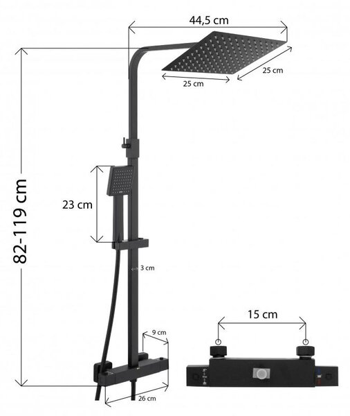 Erga Goba, zuhanygarnitúra termosztát elemmel és esőfejjel 25x25cm, fekete matt, ERG-YKA-BP.GOBA-THERM-25-BLK