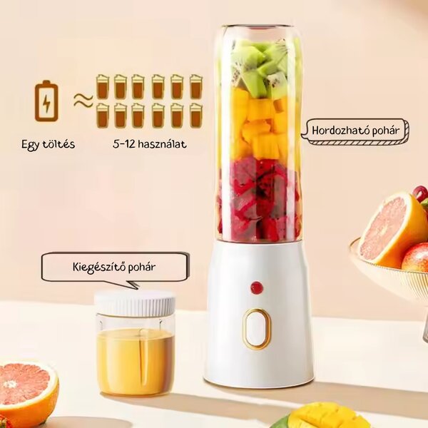 Hordozható, Többfunkciós, Vezeték Nélküli Mini Turmix Hordozható Poharakkal - 450 ml - Fehér