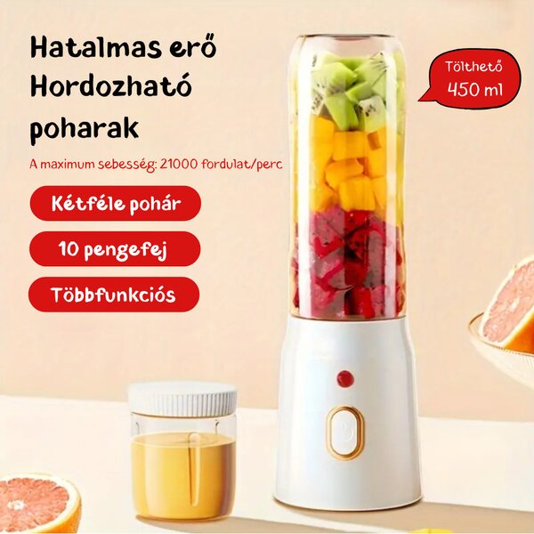 Hordozható, Többfunkciós, Vezeték Nélküli Mini Turmix Hordozható Poharakkal - 450 ml - Fehér