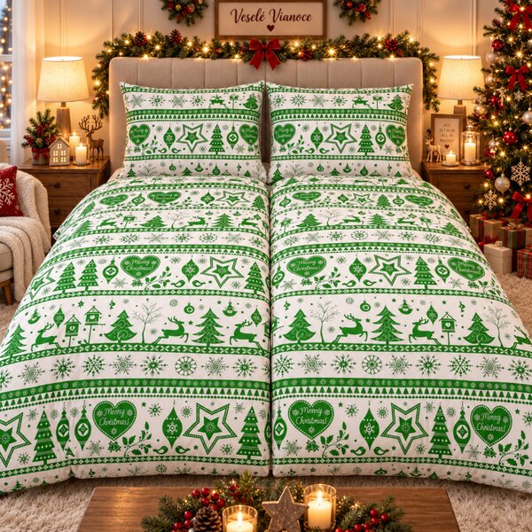 Karácsonyi zöld Christmas pamut ágyneműhuzat TiaHome - 1x Párna 90x70cm, 1x Paplan 140x200cm