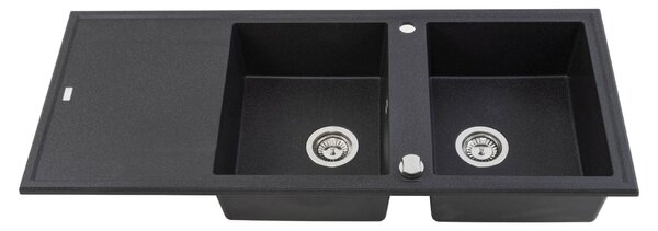 Laveo Megalo, 2 kamrás gránit mosogató 1160x500x185 mm hosszú vízelvezetővel, fekete, LAV-SBE_721T