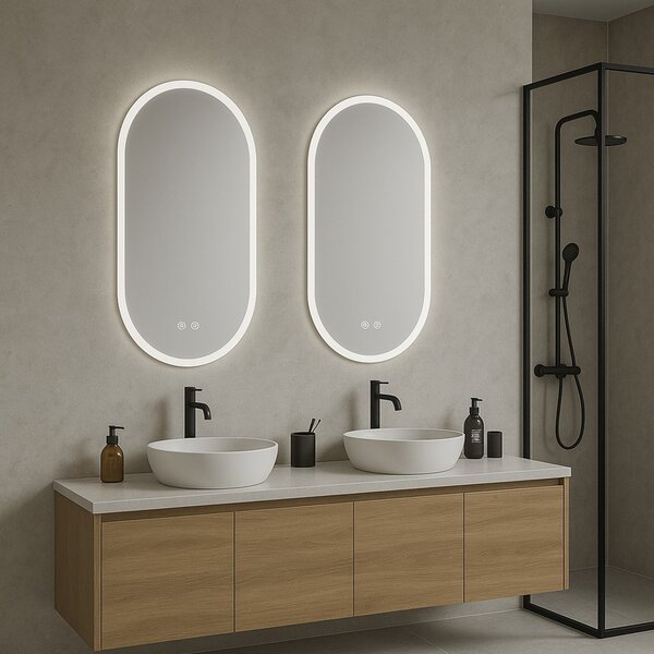 Erga Demi, ovális LED tükör 50x100cm, 3 fényszín, elülső világítás, páramentes fűtőpárna, ERG-V01-DEMI-5010-CL