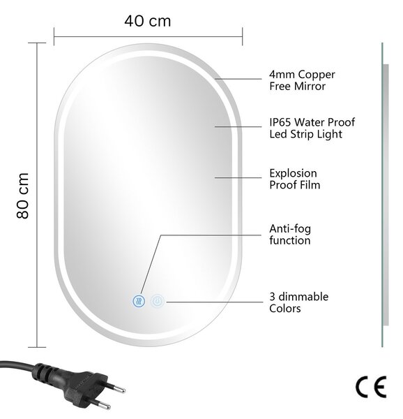 Erga Lyra, ovális LED tükör 40x80cm, 3 fényszín, első és hátsó világítás, páramentes fűtőpárna, ERG-V01-LYRA-4080-CL