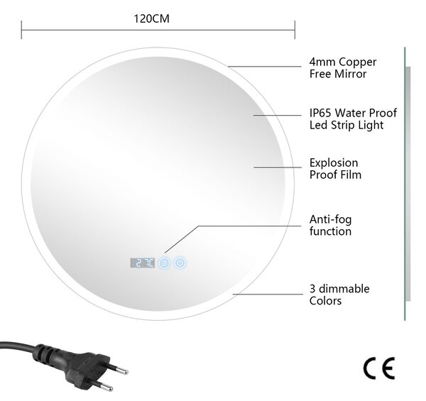 Erga Deam, kerek LED-es tükör 120cm, 3 színű fény, első világítás, páramentesítő fűtőbetét, ERG-V01-Deam-1212-CL