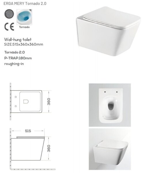 Erga Mery+, fali WC-csésze 515x360x360 mm, Tornado 2 perem nélküli + lassú záródású WC-ülőke, fehér, ERG-V03-MERY-TO2-WH