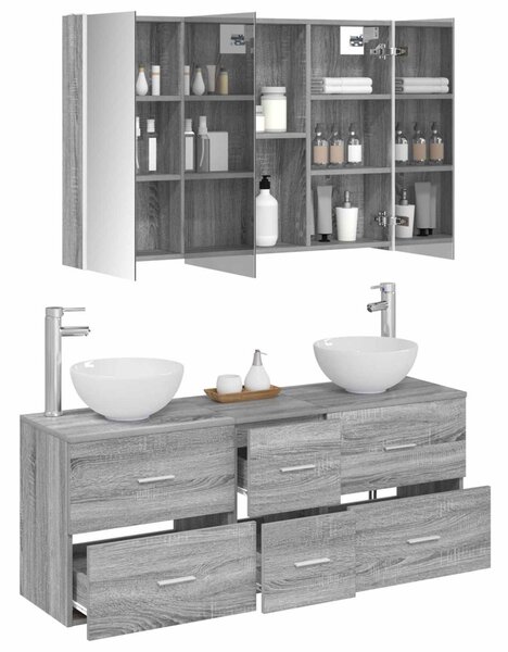 Fürdőszoba bútor szett 4 pcs Szürke Sonoma Szerelt fa és Üveg