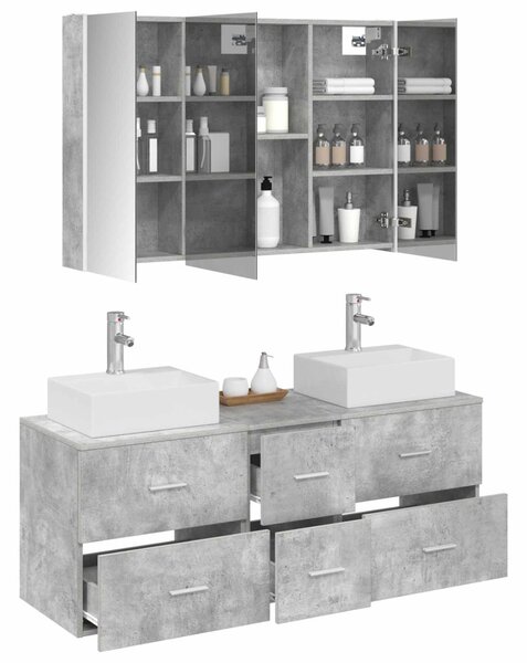 Fürdőszoba bútor szett 4 pcs Betonszürke Szerelt fa és Üveg