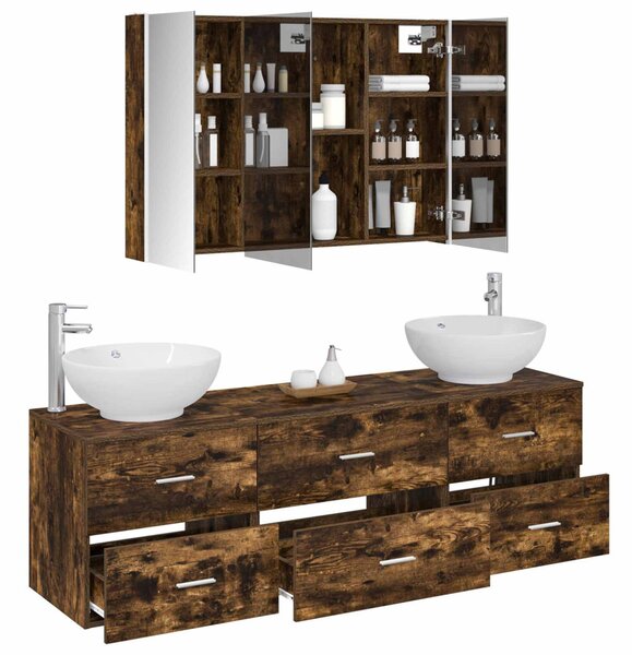Fürdőszoba bútor szett 4 pcs Füstös Tölgy Szerelt fa és Üveg