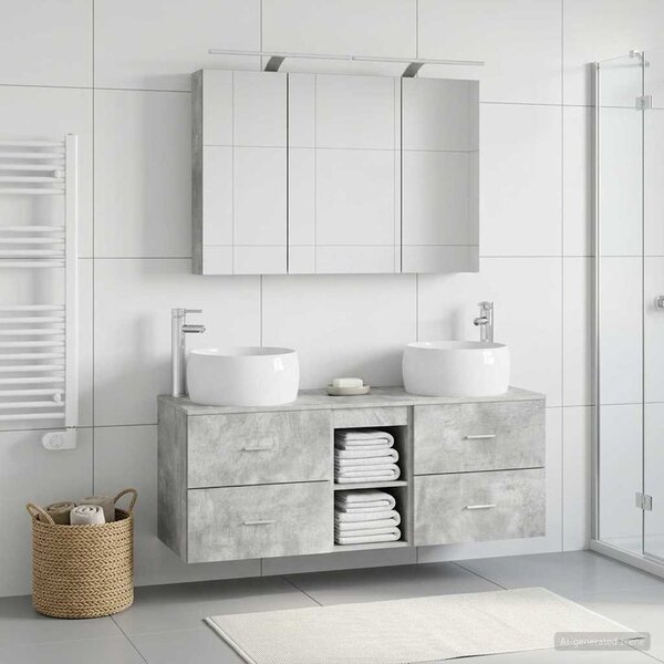 Fürdőszoba bútor szett 4 pcs Betonszürke Szerelt fa és Üveg