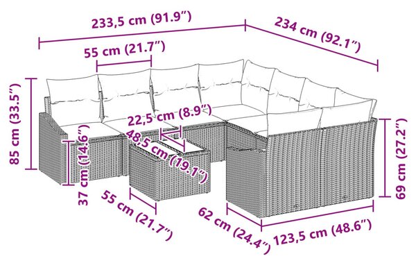 Kanapé Szett párnával 9 pcs Fekete és Türkiz polirattan