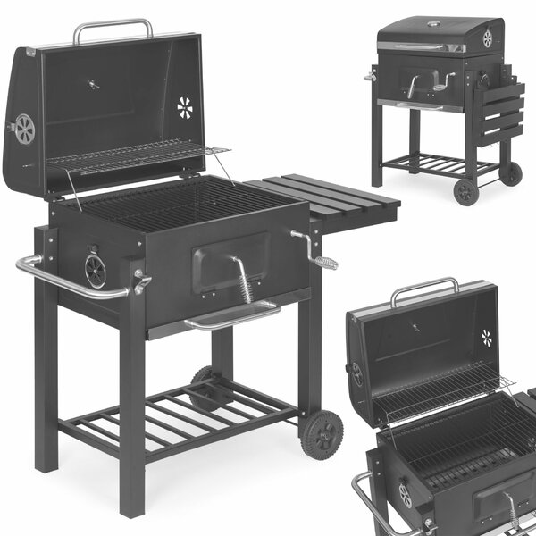 Nagyméretű kerti faszéngrill fedővel, hőmérővel, polcokkal, kerekekkel, ingyenes fúvókával