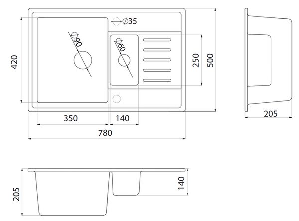 Quadro Plus 1.5D Metalac 372988 Gránit Mosogatótálca - Extra mély, Csepegtetőtálcás, Design, Grafit
