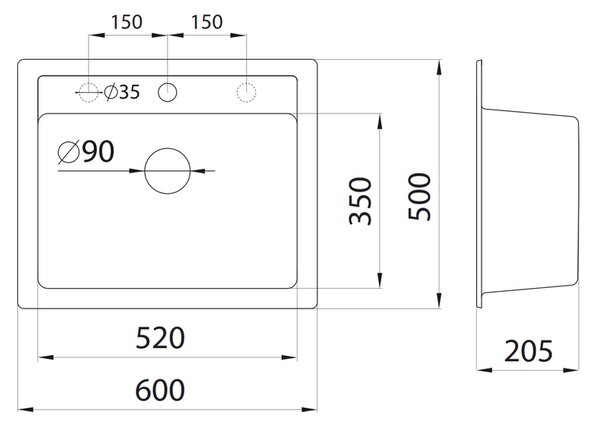 Quadro 60 Metalac 372984 Gránit Mosogatótálca - Extra mély, Egymedencés, Négyzet, Grafit