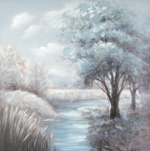 Téli táj folyóval festmény 527a Szürke/kék 100x100 cm