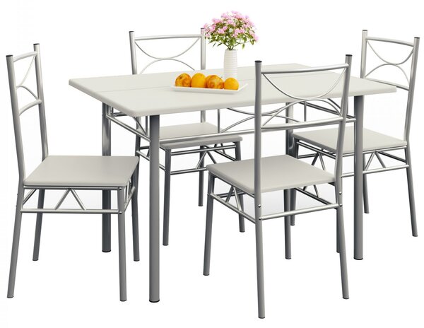 Casaria Paul 5 részes étkezőgarnitúra - étkezőasztal + 4 szék - bársony fehér