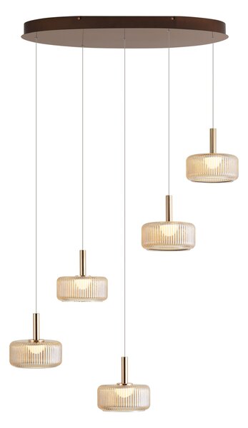 Design függőlámpa rozéarany borostyánszínű üveggel, LED-del, 3 fokozatban szabályozható, 5 égős Easylift - Fiera