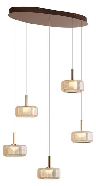 Design függőlámpa rozéarany borostyánszínű üveggel, LED-del, 3 fokozatban szabályozható, 5 égős Easylift - Fiera