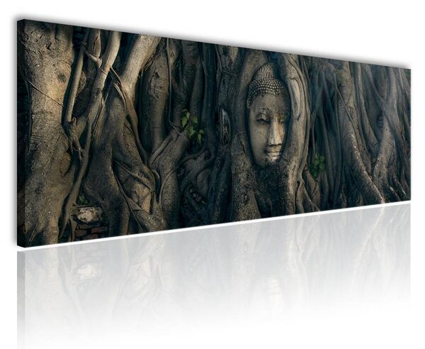 120x50cm - Ősi Buddha arc a fák között vászonkép