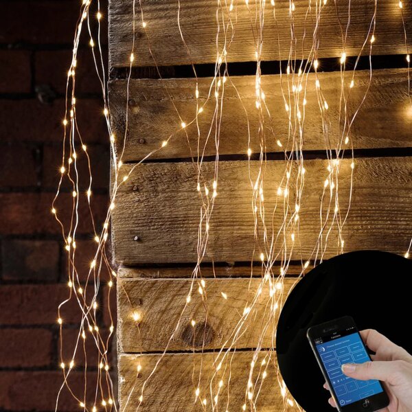200 micro LED-es cascade fényfüggöny telefonos applikációval, hálózati, meleg fehér