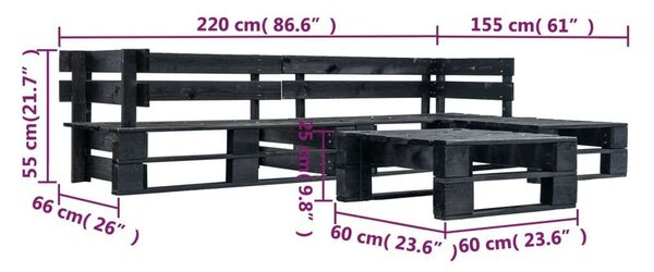 4 Részes Fekete Fa Raklap Ülőgarnitúra - 220x155cm