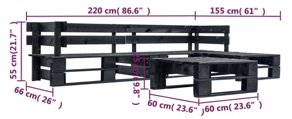 4 Részes Fekete Fa Raklap Ülőgarnitúra - 220x155cm