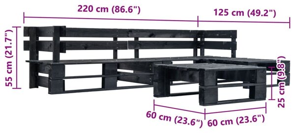 4 Részes Fekete Fa Raklap Ülőgarnitúra - 220x155cm