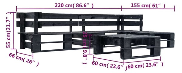 4 Részes Fekete Fa Raklap Ülőgarnitúra - 220x155cm