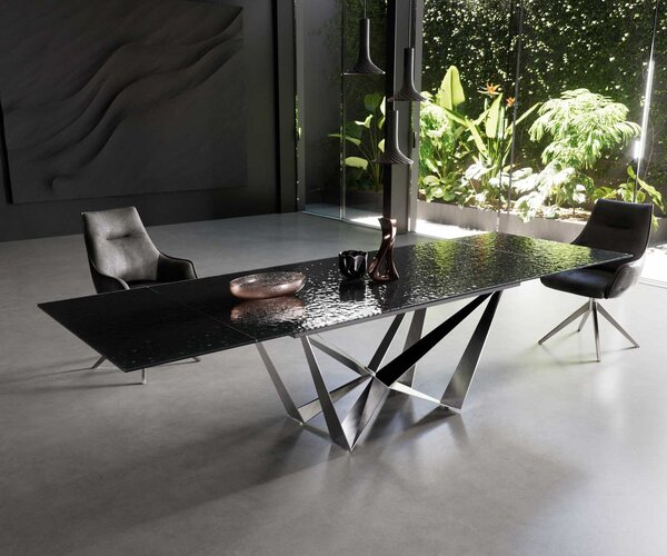 DELIFE Étkezőasztal Edge 200-300x100 domborított üveg füstfekete 3D design Spider laposacél rozsdamentes acél kihúzható