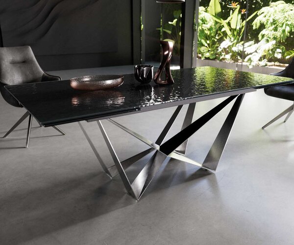 DELIFE Étkezőasztal Edge 200-300x100 domborított üveg füstfekete 3D design Spider laposacél rozsdamentes acél kihúzható