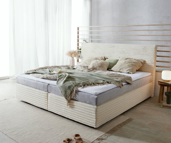 DELIFE Boxspring ágy Dream-Well plüss kordbársony bézs 200x200 cm bonell matrac PU-topper