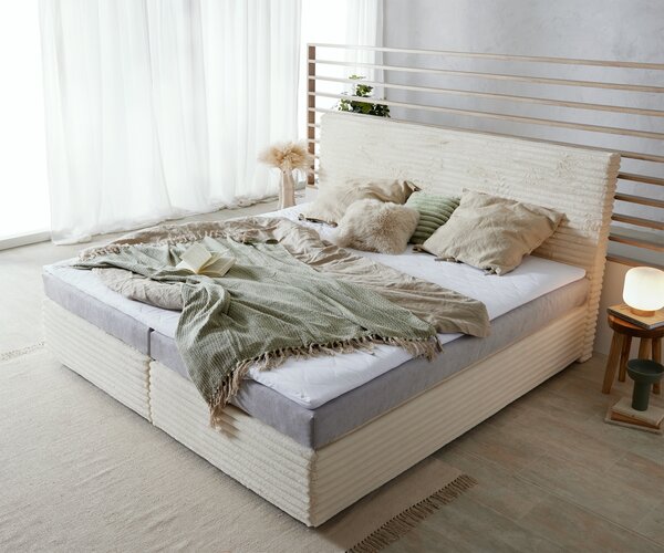DELIFE Boxspring ágy Dream-Well plüss kordbársony bézs 200x200 cm bonell matrac PU-topper